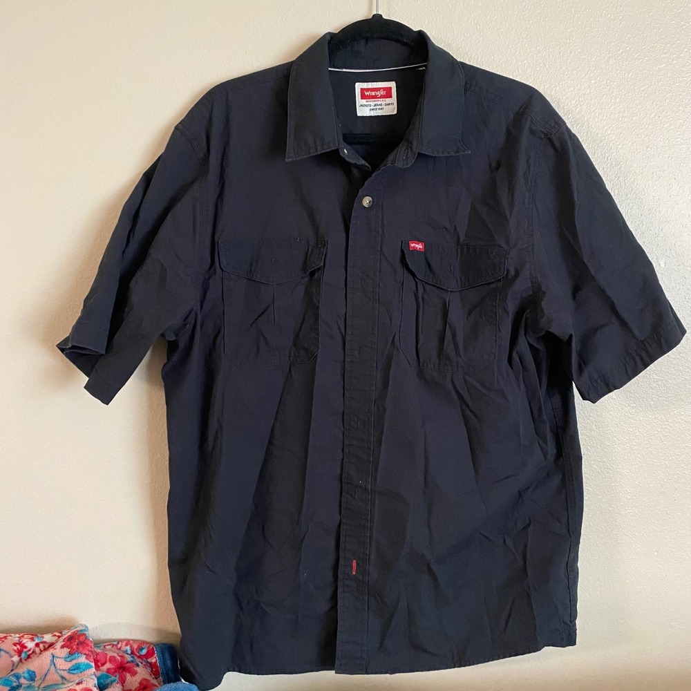 Wrangler Mens XL Short Sleeve Button Up Shirt Black Workwear Dual Pocket Large